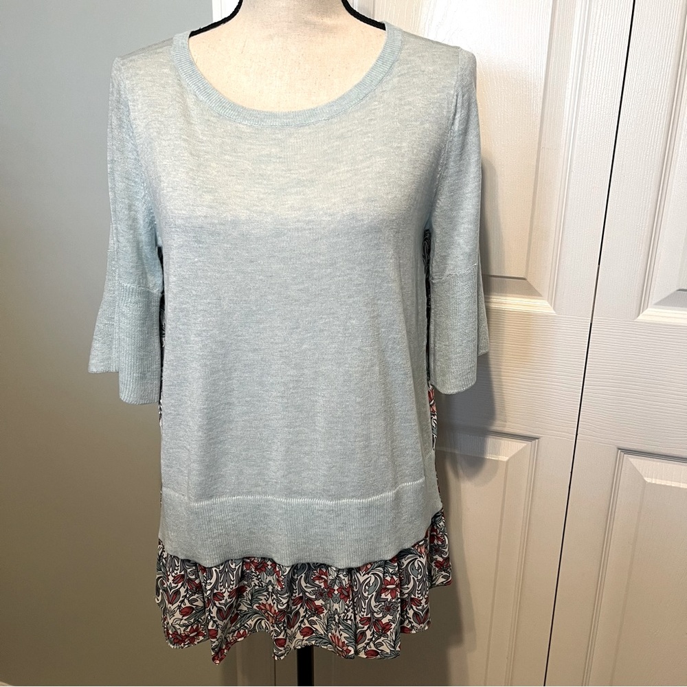 LOFT Womens Size Small Blue Green Floral Half Sleeve Sweater Top Viscose‎ Wool